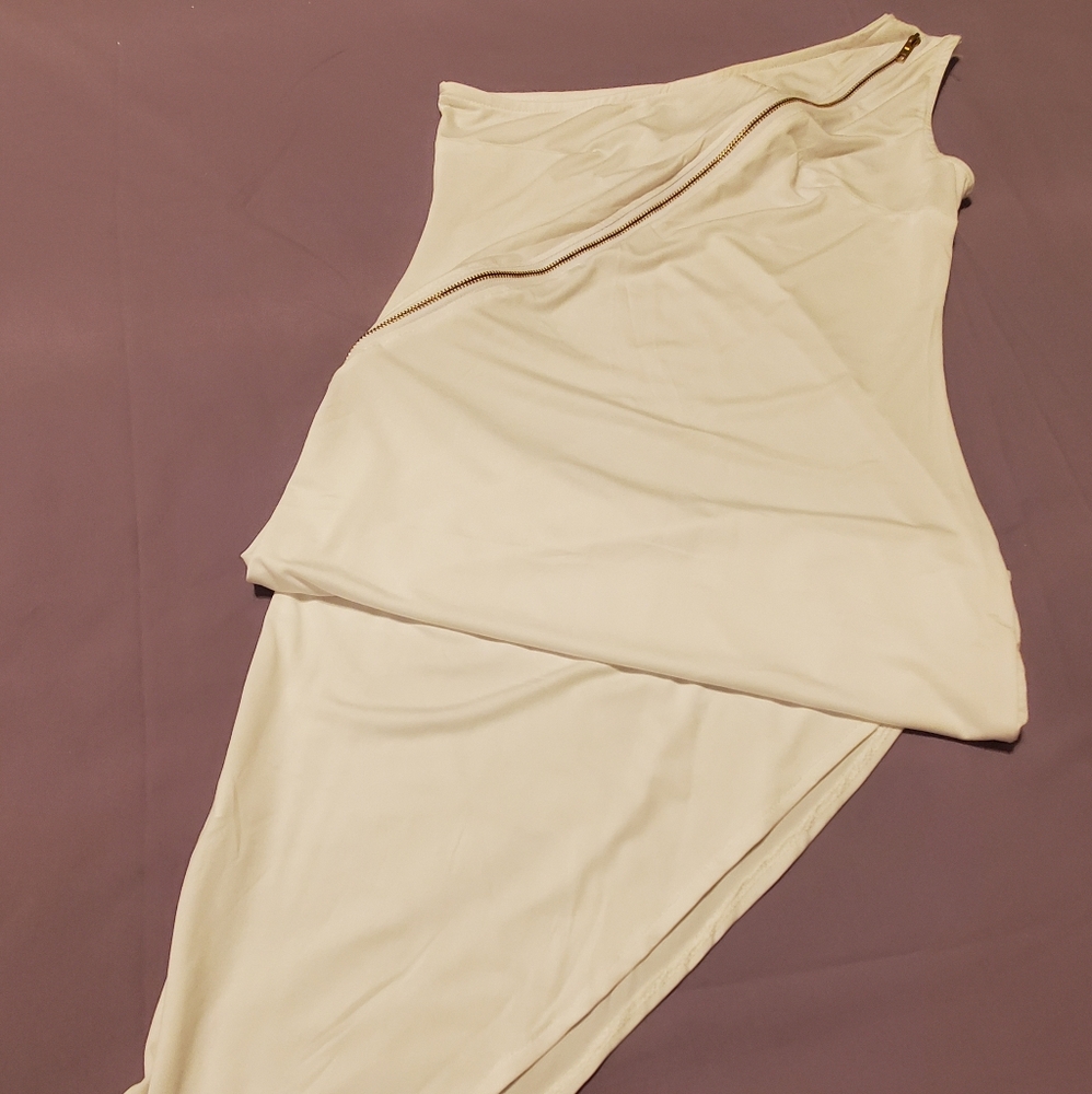 White one shoulder dress with asymmetrical bottom
